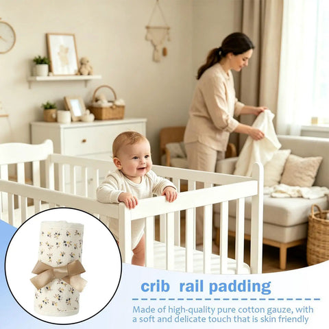 Baby in crib with 4 Piece Bed Rail Covers For Teething With Breathable Cotton Gauze, woman in background, cozy nursery setting.
