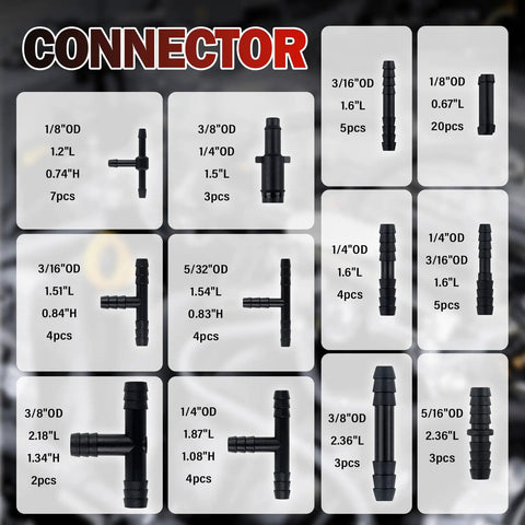 6 Pack 5 Foot Silicone Vacuum Hose Kit For Hot Rods With Massive Hose Fittings Set Including All Sizes From Tiny 1/8 Inch To Big 3/8 And 64 Connectors For Turbo Engines, connector sizes shown