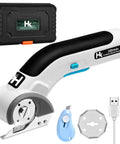 Cordless Electric Scissors Rotary Cutter For Cardboard And Packages 4V Box Cutter With Replacement Blade And Charger shown with accessories