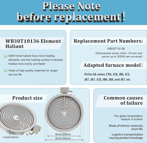8 Inch Surface Element Replacement For GE Appliances Haliant WB30T10136 With Upgraded Temperature Sensor diagram