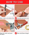 Instructions for using the Complete 1200 Piece Pro Grade Grommet Eyelet Kit For Fabric And Leather Projects with plier and hole punch.
