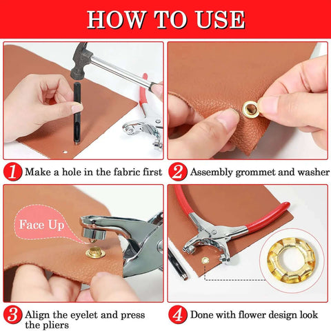 Instructions for using the Complete 1200 Piece Pro Grade Grommet Eyelet Kit For Fabric And Leather Projects with plier and hole punch.