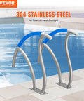 Rock Solid Premium Stainless Steel Pool Handrail Pair Built Like A Truck With Straight Up Easy Base Mount And Comfortable Grip Cover For Indoor Outdoor Deck Spa Safety Railing Support 304 stainless steel handrails beside pool.