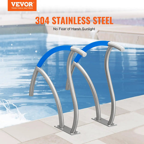 Rock Solid Premium Stainless Steel Pool Handrail Pair Built Like A Truck With Straight Up Easy Base Mount And Comfortable Grip Cover For Indoor Outdoor Deck Spa Safety Railing Support 304 stainless steel handrails beside pool.