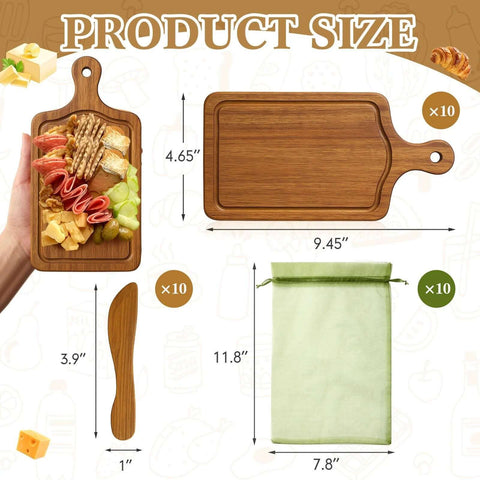 Front view of a ten-piece acacia mini wooden charcuterie board set with handled boards, spatula, and organza bag.