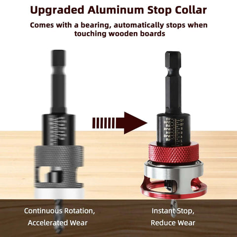 7-Piece Countersink Drill Bit Set with aluminum stop collar; side-by-side front and installed views