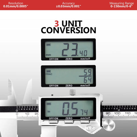 Digital Caliper 12 Inch With Rechargeable Battery And Large LCD Display, Stainless Steel Vernier Micrometer Measuring Tool showing unit conversion options