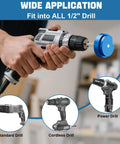 Hand holding a standard drill with Pro Grade Versatile PVC Pipe Reamer Kit Set From Half Inch To Four Inch, fits 1/2" drills.