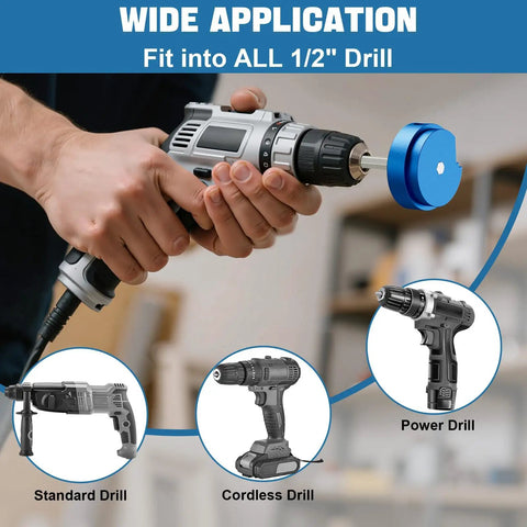 Hand holding a standard drill with Pro Grade Versatile PVC Pipe Reamer Kit Set From Half Inch To Four Inch, fits 1/2" drills.
