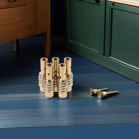 Hot Deal 10pcs Alloy Welding Torch Contact Tip Holder Diffuser Assembly For Mig Mag Guns stacked golden alloy diffusers on blue floor.