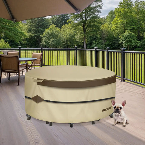 Heavy Duty Waterproof 600D Canvas Round Patio Furniture Cover For All Season Protection Fits Round Tables Up To 48 Inch Diameter And Chairs Durable Outdoor Cover on deck.