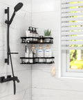 Corner Shower Caddy 2 Pack Adhesive Organizers For Bathroom No Drill Rustproof Stainless Steel Shelves with 8 Hooks