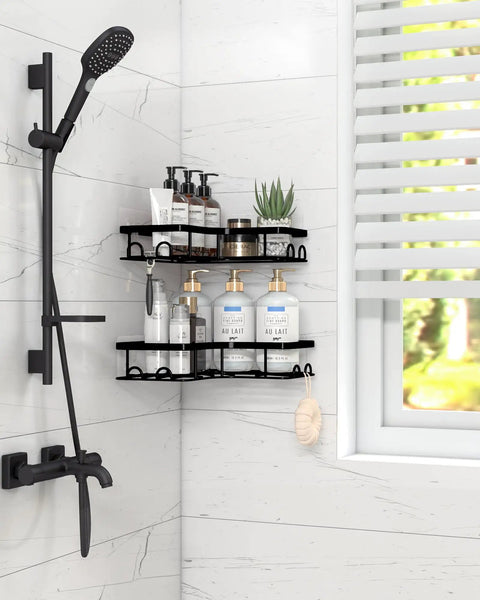Corner Shower Caddy 2 Pack Adhesive Organizers For Bathroom No Drill Rustproof Stainless Steel Shelves with 8 Hooks