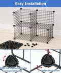 Adjustable Stackable Helmet Storage Box assembly with grid panels and connectors; easy installation instructions shown.