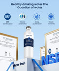 LT1000PC Replacement Water Filter for Your Fridge shown with NSF certifications and features like glacier protection and mineral retention.