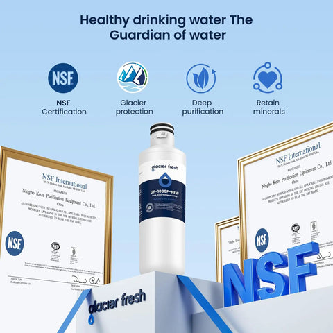 LT1000PC Replacement Water Filter for Your Fridge shown with NSF certifications and features like glacier protection and mineral retention.