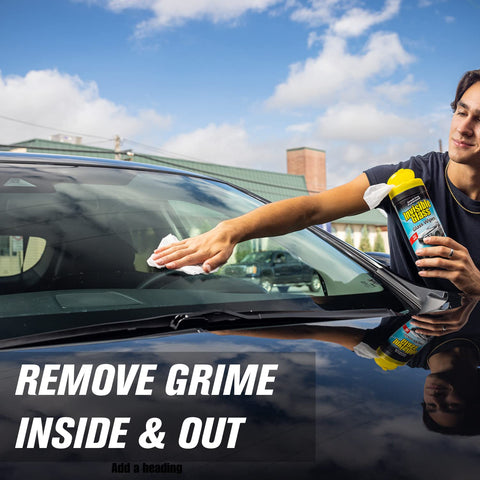 Person using Streak Free Glass Cleaning Wipes Canister For Home And Auto Lint Free Ammonia Free Tint Safe Wipes on car windshield.