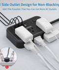 2 Pack 6 Outlet Power Strip With Four USB Ports And Flat Plug Five Foot Extension Cord Overload Protection Wall Mountable Ultra Compact Charging Hub showing side outlet use