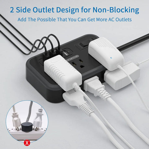 2 Pack 6 Outlet Power Strip With Four USB Ports And Flat Plug Five Foot Extension Cord Overload Protection Wall Mountable Ultra Compact Charging Hub showing side outlet use