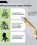 Versatile Handheld Bike Pump With Dual Presta And Schrader Valves showing adaptability for bikes, wheelchairs, and strollers.