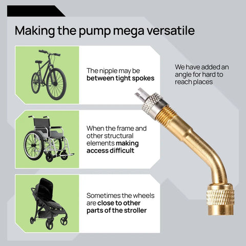 Versatile Handheld Bike Pump With Dual Presta And Schrader Valves showing adaptability for bikes, wheelchairs, and strollers.