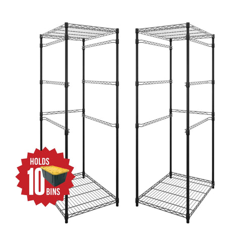 Heavy Duty Five Tier Steel Tote Rack Sized For Twenty Seven Gallon Bins Comes As A Double Pack Vertical Organizer Rock Solid Black Steel Frame Easy Setup Garage Basement Space Saver Game Changer Keeps Your Gear Neat And Accessible With No Sweat Ever