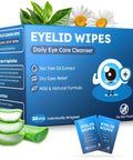 Front view of blue Eyelid Wipes box: 30 pcs, tea tree oil extract, daily eye care cleanser, with two sachet packs.