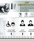 Adjustable 360° shower holder for Rain Shower Head With Handheld Combo 10 Inch High Pressure Rainfall Sprayer Set with visual height guide.