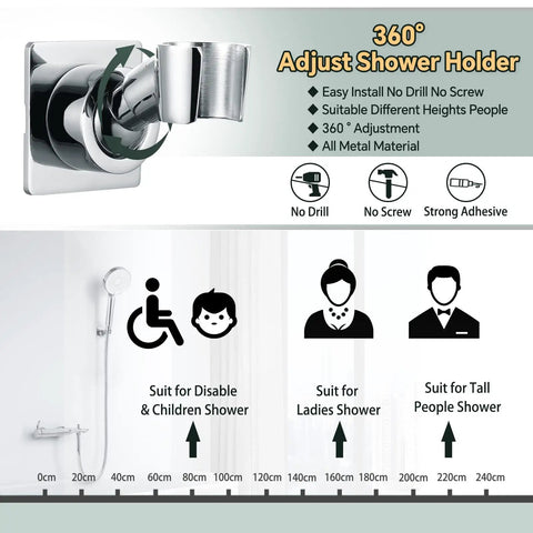 Adjustable 360° shower holder for Rain Shower Head With Handheld Combo 10 Inch High Pressure Rainfall Sprayer Set with visual height guide.