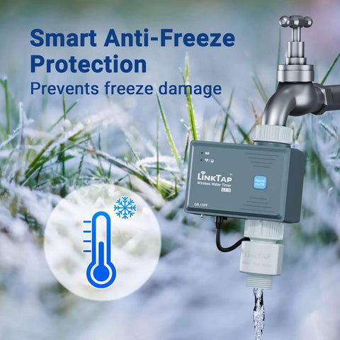 Smart Water Timer and Gateway for Lawn Irrigation With Weather Adaptive Control, Anti Freeze showing protection against freeze damage
