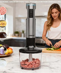 Heavy Duty Twelve In One Immersion Blender Bundle Featuring Kickass 1000 Watt Motor, silver and black, chopping meat.