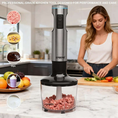 Heavy Duty Twelve In One Immersion Blender Bundle Featuring Kickass 1000 Watt Motor, silver and black, chopping meat.