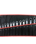 Ratchet Spanner Set 12 Piece Car Repair Tool Kit With Easy Grip Wrenches, sizes 8-19 mm, in a black and red pouch