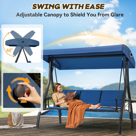 Three Seat Patio Swing With Textilene Backrest, Two Cup Holders And An Adjustable Canopy For Backyard, Porch Or Garden, Square Tube Frame In Blue, Breathable Waterproof Fabric For Cool Summer Relaxing Vibes.
