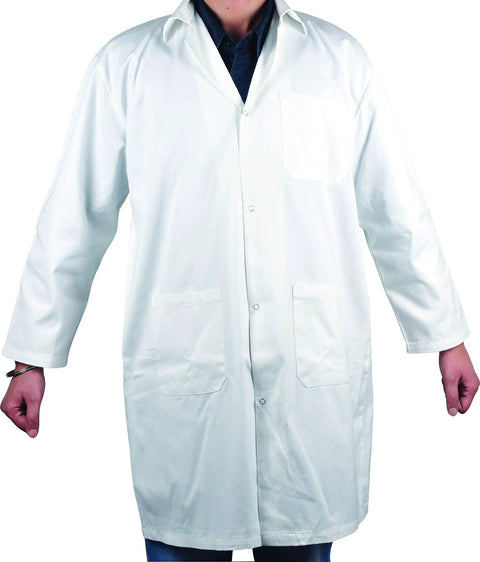 White Lab Coat Large Size Polycotton Drill Long Sleeves Concealed Front Press Stud Closures Back Vent Three Big Pockets 41 Inch Length