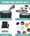Rock Tumbler Polisher Kit Electric Gem Grinder With Timer Buttons For DIY Stone Polishing process steps shown