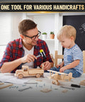 Father and child crafting toy vehicles at table with 25mm Double-Faced Rubber Mallet Hammer With Soft Non-Marring Heads nearby.