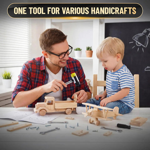 Father and child crafting toy vehicles at table with 25mm Double-Faced Rubber Mallet Hammer With Soft Non-Marring Heads nearby.