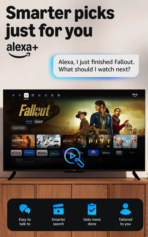 Next Level 4K Streaming Device With AI Powered Search And Wifi 6E Support interface showing show recommendations on TV.