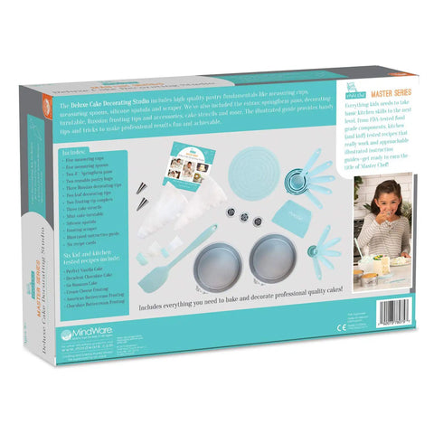 Back of Playful Chef Kids Cake Decorating Kit box showing tools like pans, pastry bags, stencils for fun family baking.