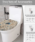 Decorative Elongated Toilet Seat for Bathroom with floral design on a one-piece toilet and installation accessories shown.