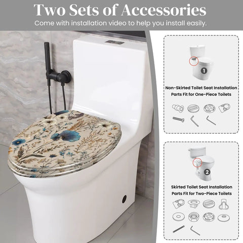 Decorative Elongated Toilet Seat for Bathroom with floral design on a one-piece toilet and installation accessories shown.