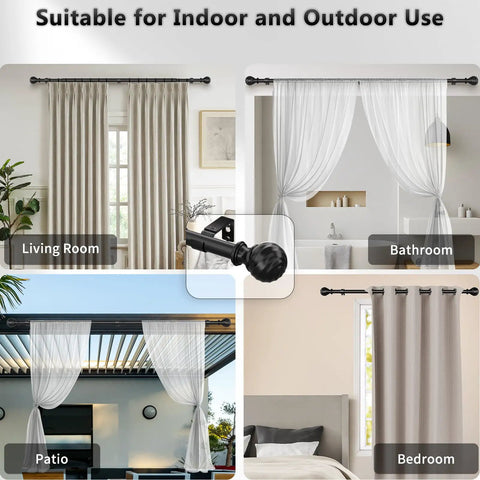 Heavy Duty Curtain Rod For Sliding Glass Door Adjustable 34 To 93 Inches 1 Inch Diameter Matte Black Finials No Sag Up To 30 Lbs Ideal Window Treatment For Bedroom Living Room Indoor Outdoor Use shown in various setups including living room and patio.