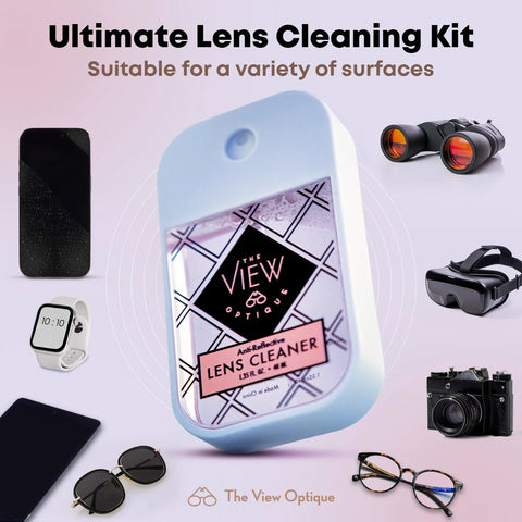 The View Optique lens cleaner spray bottle, light blue plastic container, front view.