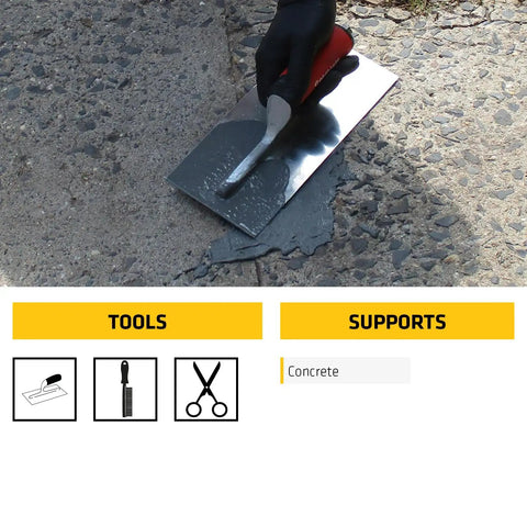 A hand applying Patch And Rapid Curing Mortar Repair For Indoor And Outdoor Use, Light Gray, 858 Ml on concrete with a trowel.