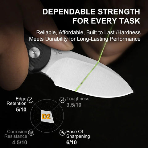 Close-up of Drop Bear Fixed Blade Knife With 2.57 Inch D2 Satin Blade, cutting string, showcasing edge retention and toughness chart.