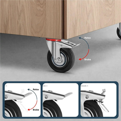 Smooth Gliding Heavy Duty Caster Wheels, 200mm Tpr Rubber Furniture Movers With Foot Brake Options close-up of brake mechanism.
