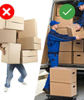 Comparison image showing a person carrying boxes versus boxes loaded on a Heavy Duty Furniture Mover Dolly With Wheels 16 Inch Flat Cart Interlocking Design Black Holds Up To 440 Lbs.