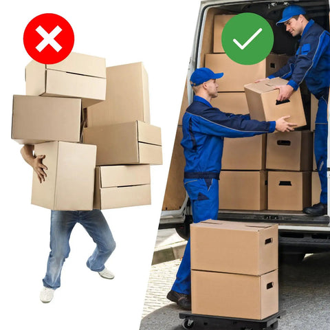 Comparison image showing a person carrying boxes versus boxes loaded on a Heavy Duty Furniture Mover Dolly With Wheels 16 Inch Flat Cart Interlocking Design Black Holds Up To 440 Lbs.