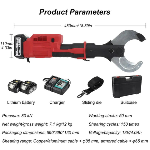 Heavy Duty Electric Hydraulic Cable Cutter with LED Display and Carrying Case for Copper Aluminum Armor Wires up to 85mm showing dimensions and accessories.